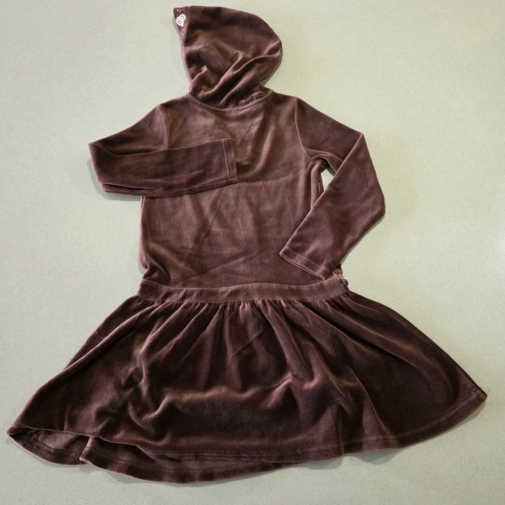 Gymboree‎ Girls Brown Velour Hooded Dress Hearts Embroidery Size 8 0905